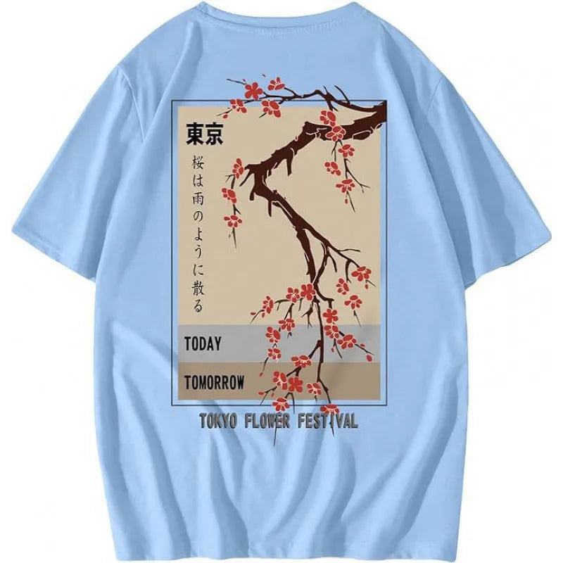 Men's printed short-sleeved street sports T-shirt on a hanger, showing one of the 10 digital print colour styles.