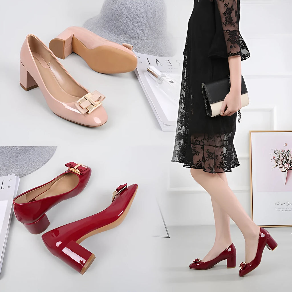 Mid heel round head chunky heel patent leather women's pumps with work buckle in solid colour