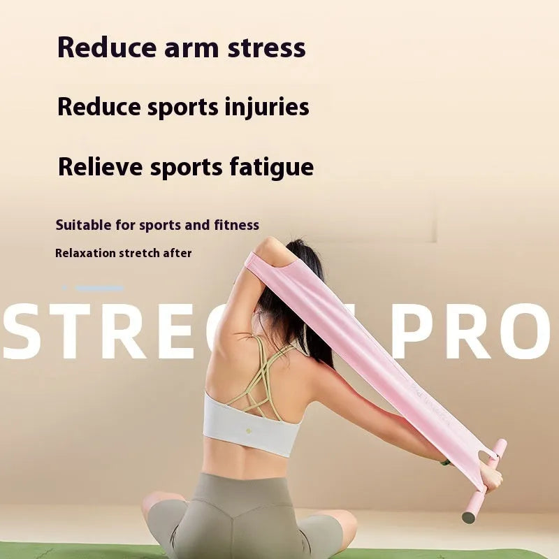 Grey and pink yoga multi-function stretching tool for shoulders, back, and hips.