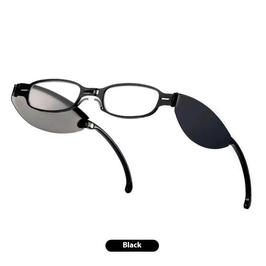 Folding presbyopic reading glasses in retro style with ring detailing, shown in black frame