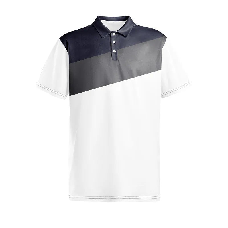Men's loose grey t-shirt with a colourful 3D digital abstract print on the front.