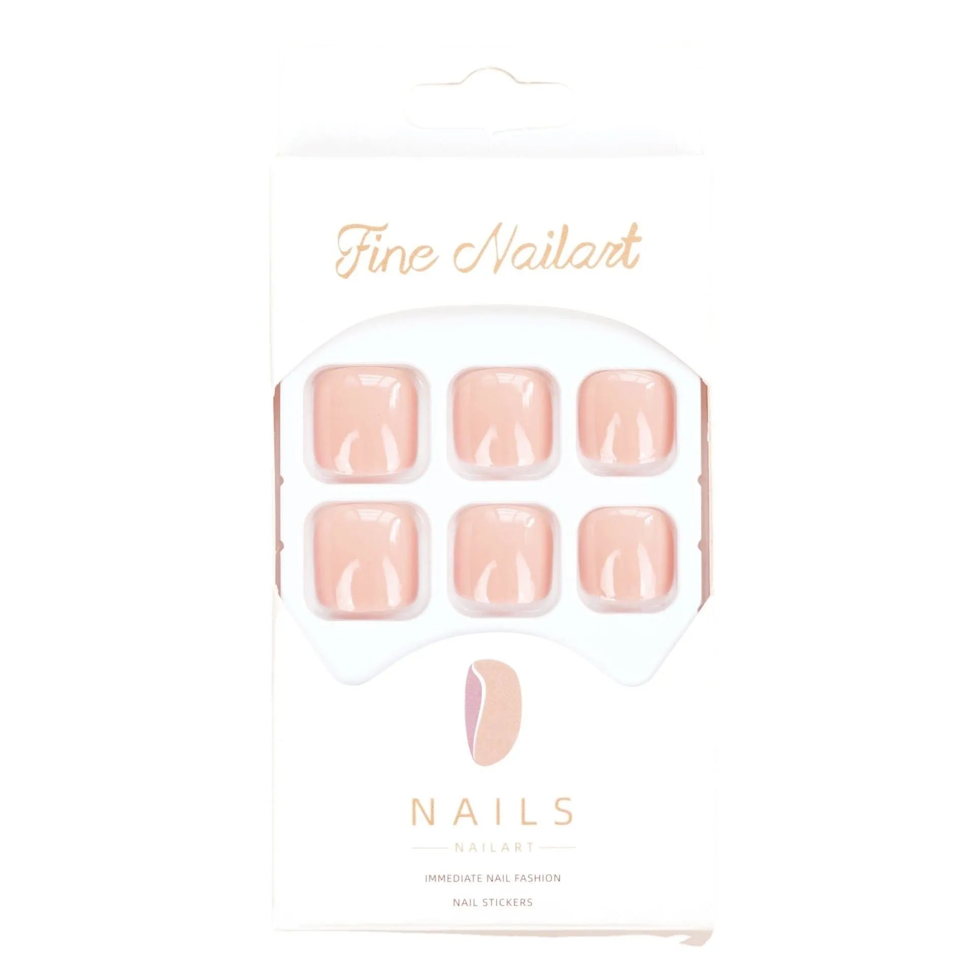Finished plastic toe nail stickers in J-52 skin colour with glue tube on white background.
