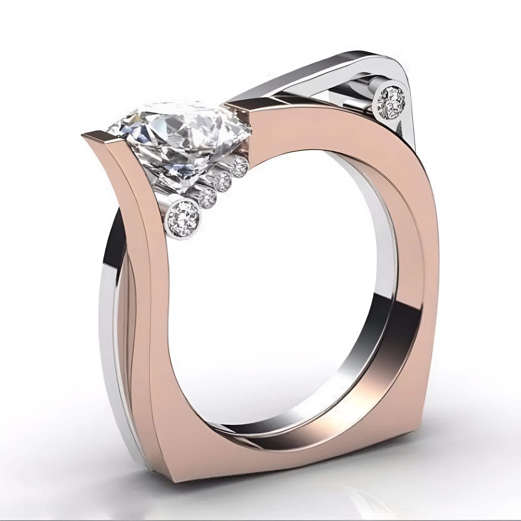 Rose gold geometric women's ring with inlaid zircon stones on a grey background.