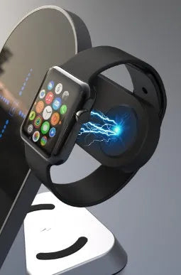 Black multifunctional alarm clock with wireless charging pad, Apple Watch dock, USB port, and LED display.
