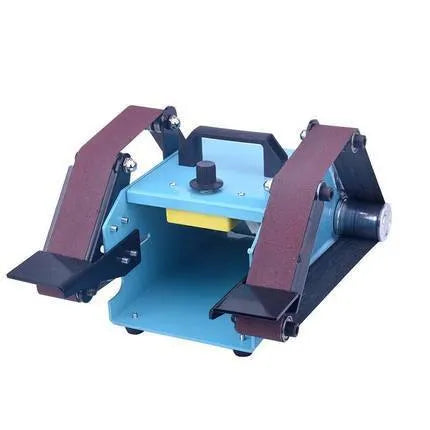 Blue desktop dual-axis belt sander with abrasive belt, variable speed switch, and compact chassis.
