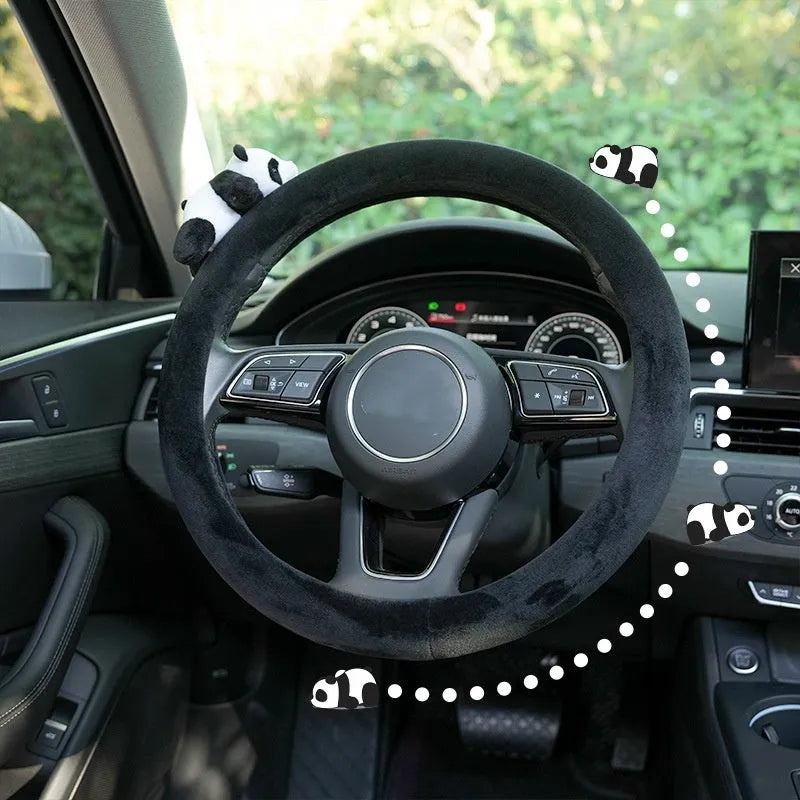 Black plush panda bear steering wheel cover and matching shoulder pad for cars