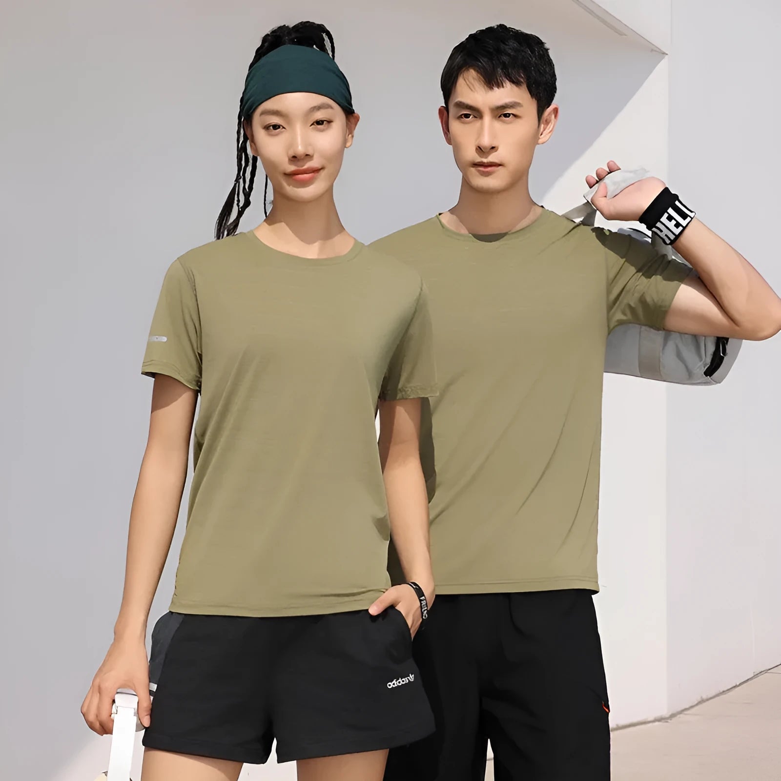 Waterproof round neck short sleeve work top in army green on size chart