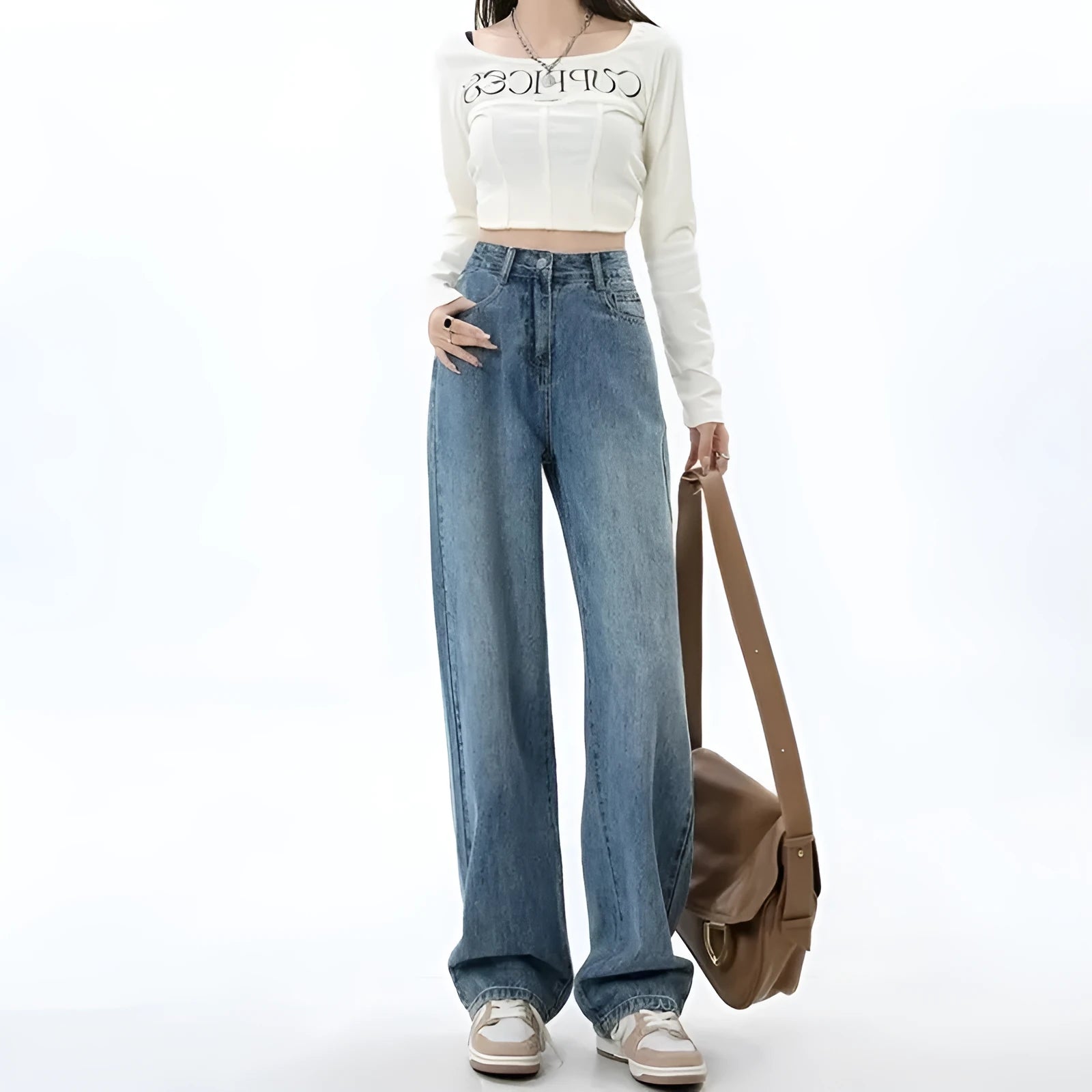 Retro blue high waist wide leg jeans for women on a hanger
