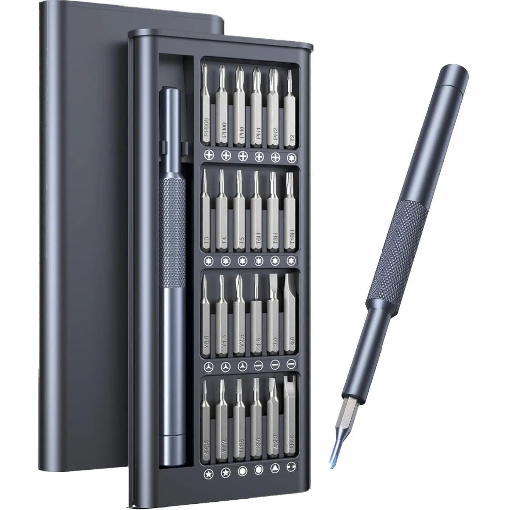 25-in-1 magnetic precision screwdriver set with knurled handle and chrome vanadium steel bits