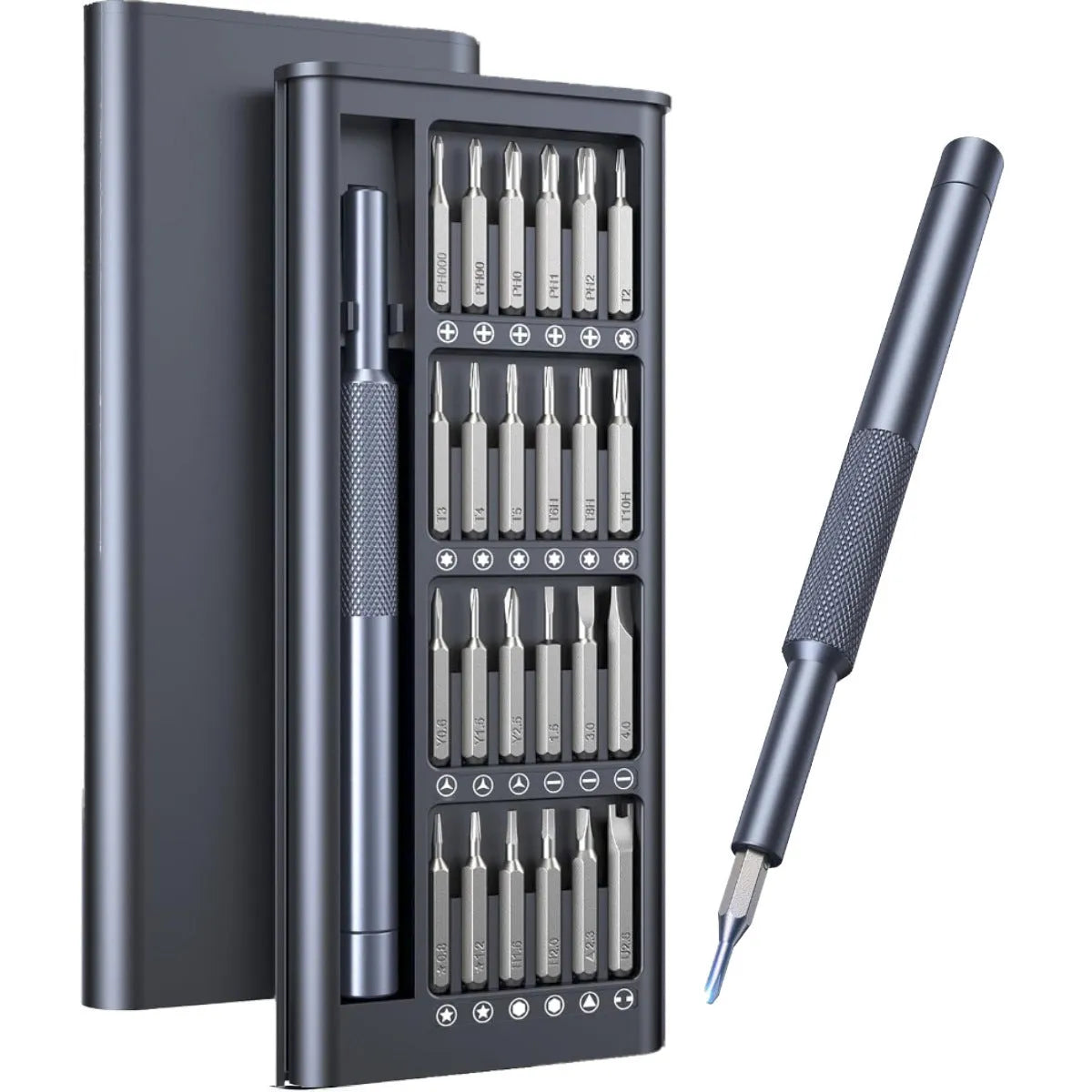 25-in-1 magnetic precision screwdriver set with knurled handle and chrome vanadium steel bits