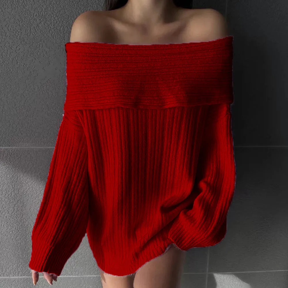 Women's loose-fitting off-neck pullover sweater in acrylic fibre, shown in black, white, khaki, or red.