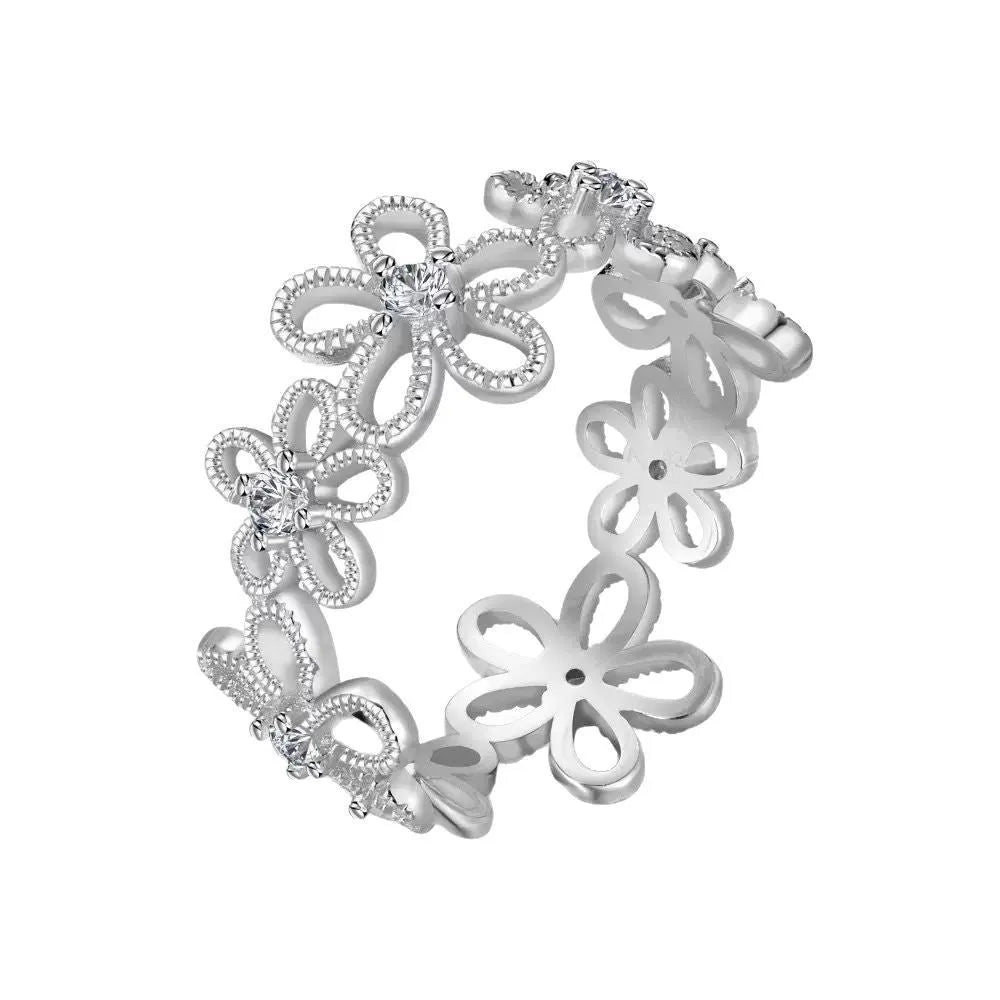 Lace hollow five petal flower ring made of copper with electroplated finish for women.