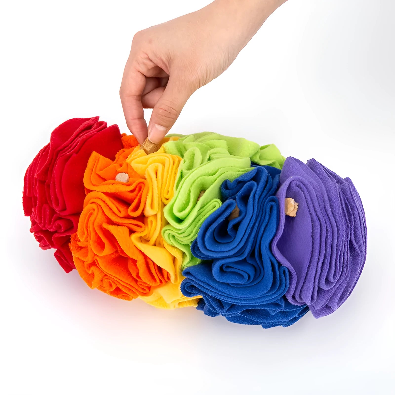 Dog snuffle pad in rainbow colour with polar fleece strips on a light background, 25x15cm size