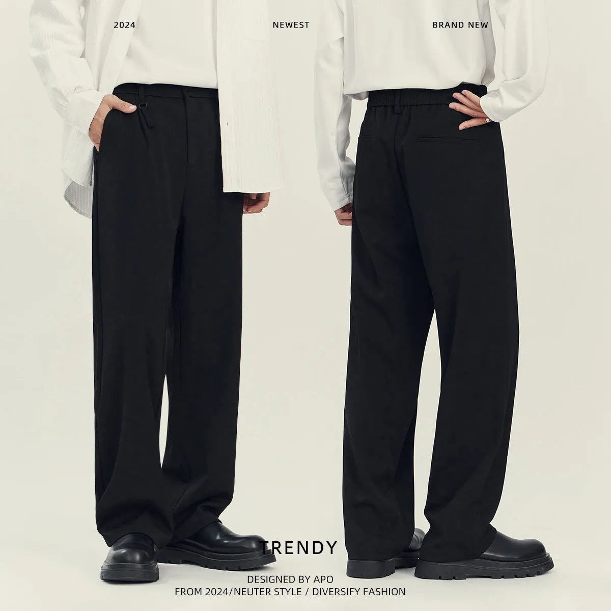 Men's draping loose straight-leg business casual trousers in black or grey