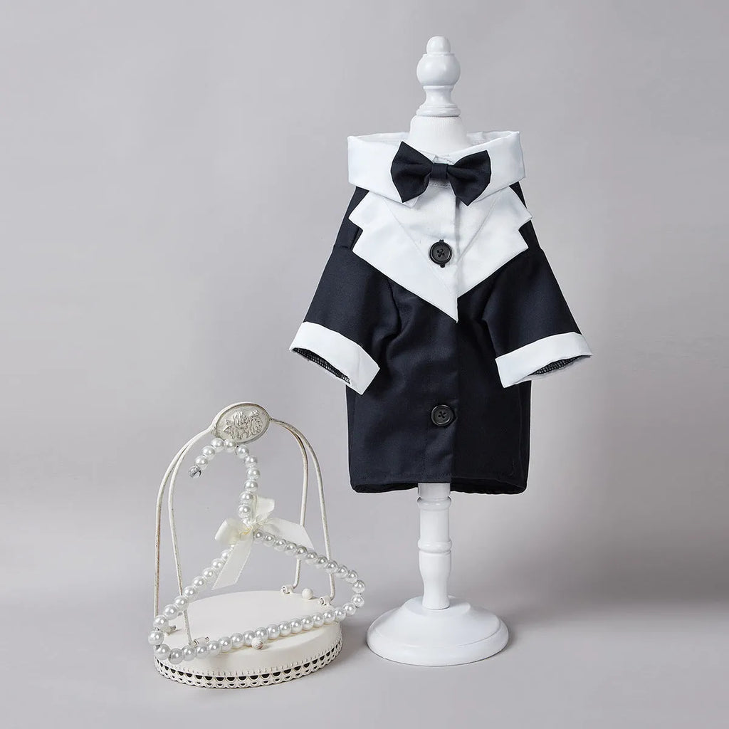 Chinese-style four-legged polyester wedding suit for a dog or cat in black.