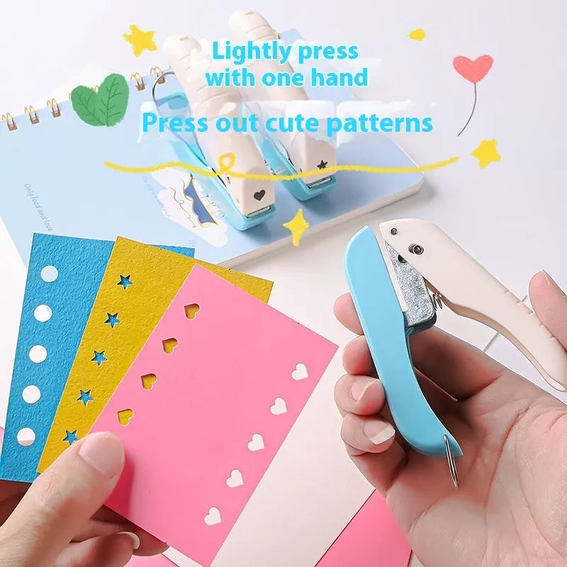 Manual embossing punching machine with heart, star, and small round 4mm and 6mm dies for paper crafts.