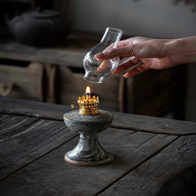 Retro split design black Shino kerosene lamp, antique handmade, 7.8cm wide 23.8cm tall, underglaze finish
