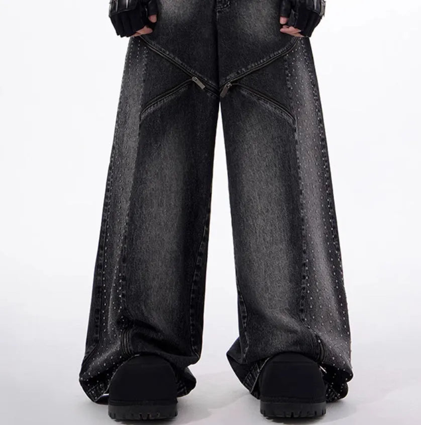 Black and grey washed denim wide leg trousers and vest set on a hanger