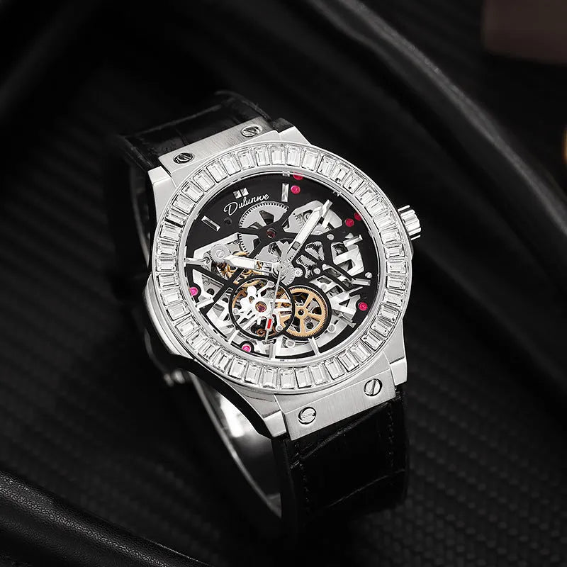Automatic mechanical men's watch with diamond studs on a white shell case and hollow dial.