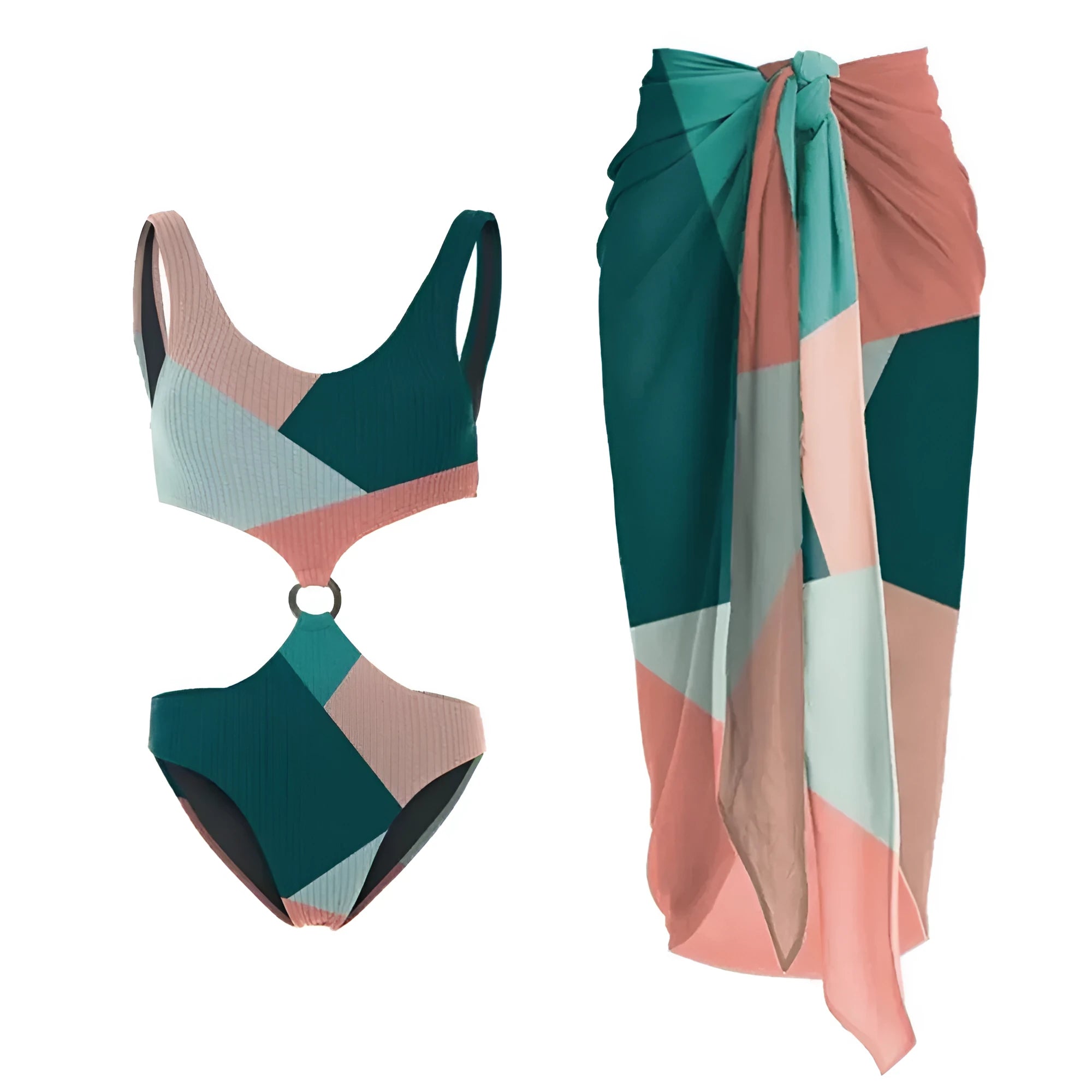 Women's two-piece bikini set with a matching mesh gauze skirt in contrast colours.