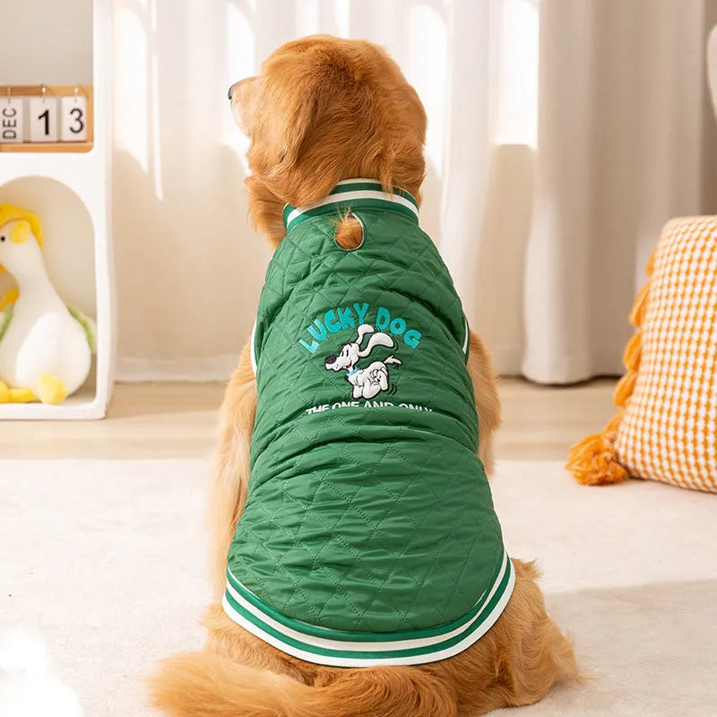 Quilted cotton brown pet vest for large dogs with Lucky Dog embroidery and leash ring