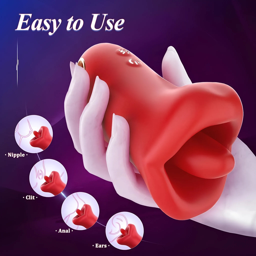 Red silicone electric vibrator with realistic tongue and lips design, model Abby Red
