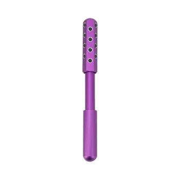 Purple handheld facial massage roller with germanium particles on a white background.