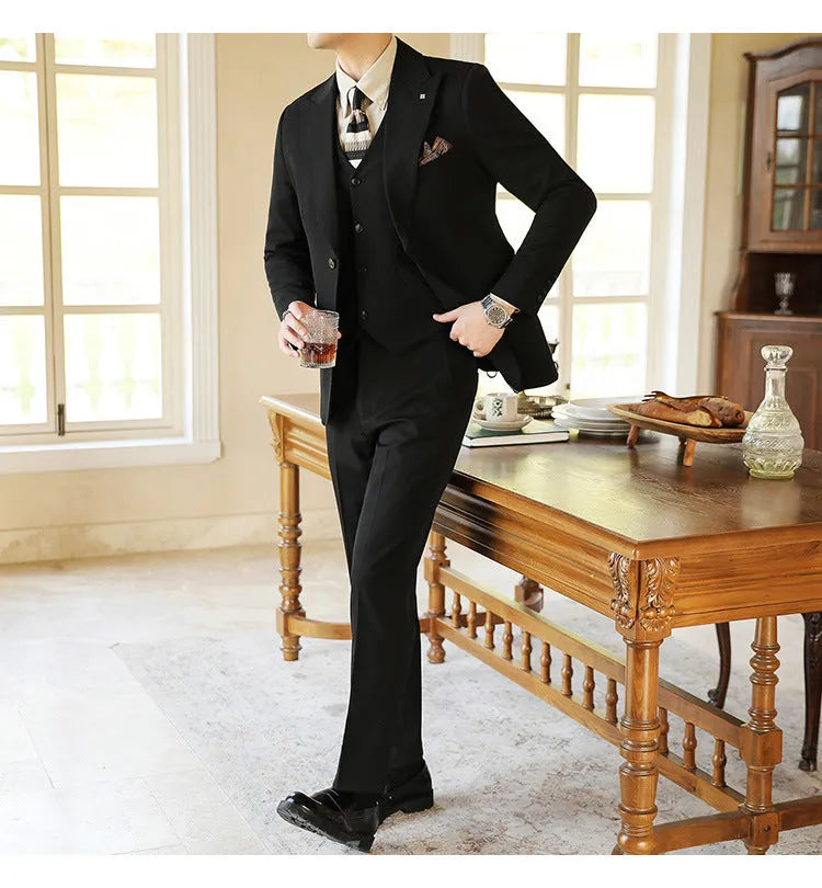 Men's slim fit three-piece corduroy linen blend suit set with coat, vest, and trousers in caramel