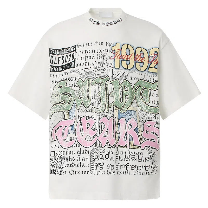 American retro national trend hip hop graffiti pure cotton short sleeve t-shirt in grey, front view