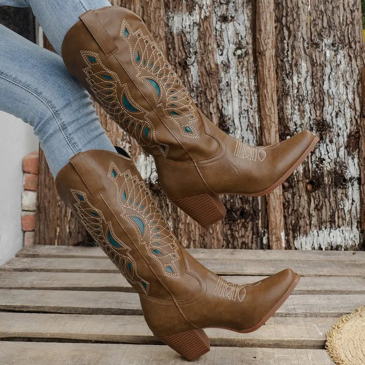 Embroidered square head knight boots for women in camel with mid heel and artificial PU upper