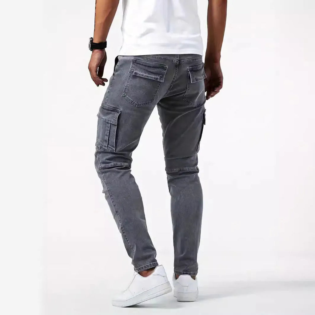 Men's multi-pocket casual work trousers in cotton denim, black, with zipper fly and skinny leg