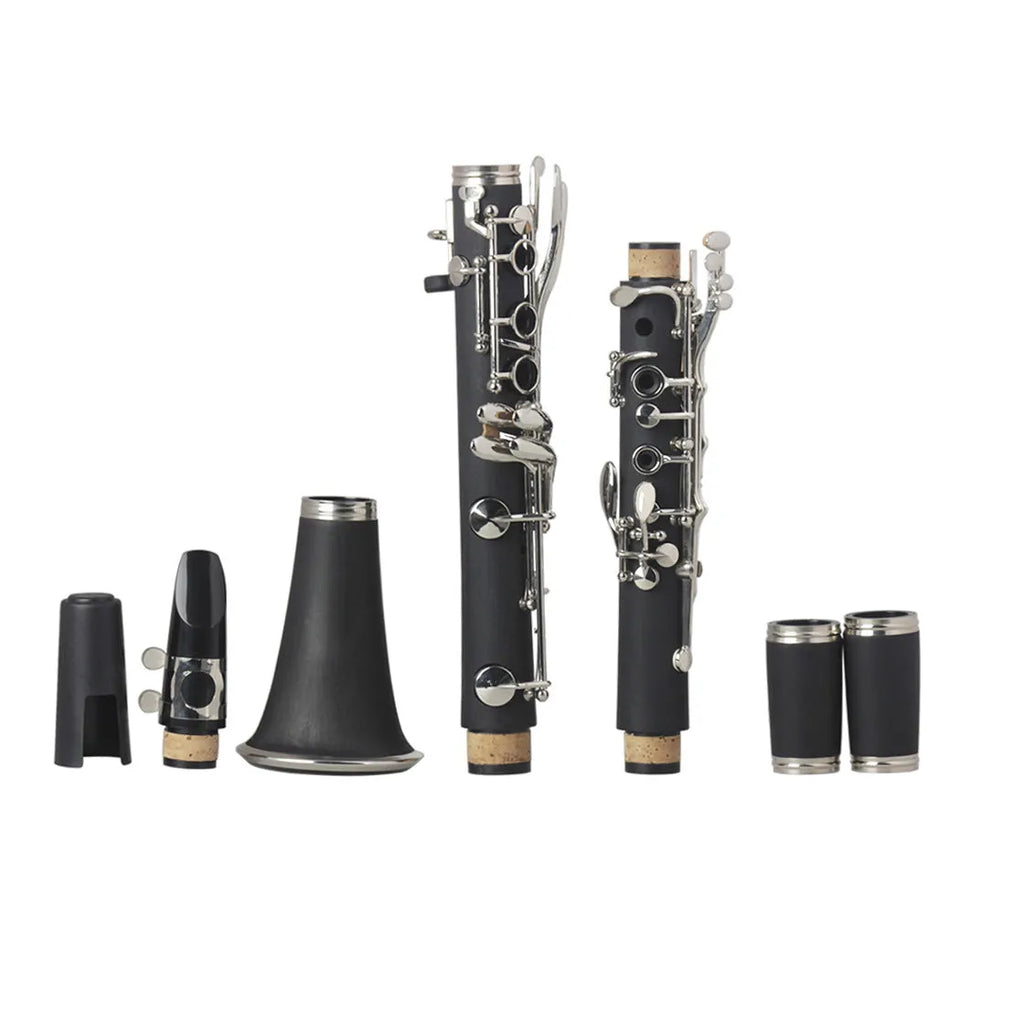Black Bakelite beginner clarinet with nickel-plated 17-key mechanism and storage bag