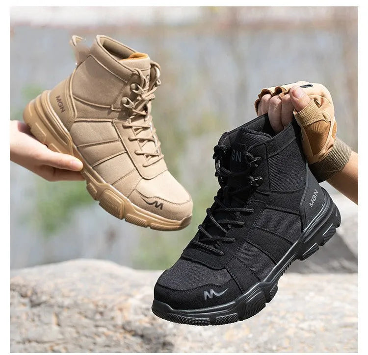 Steel toe anti-smash anti-puncture high top safety shoes in beige and black on white background