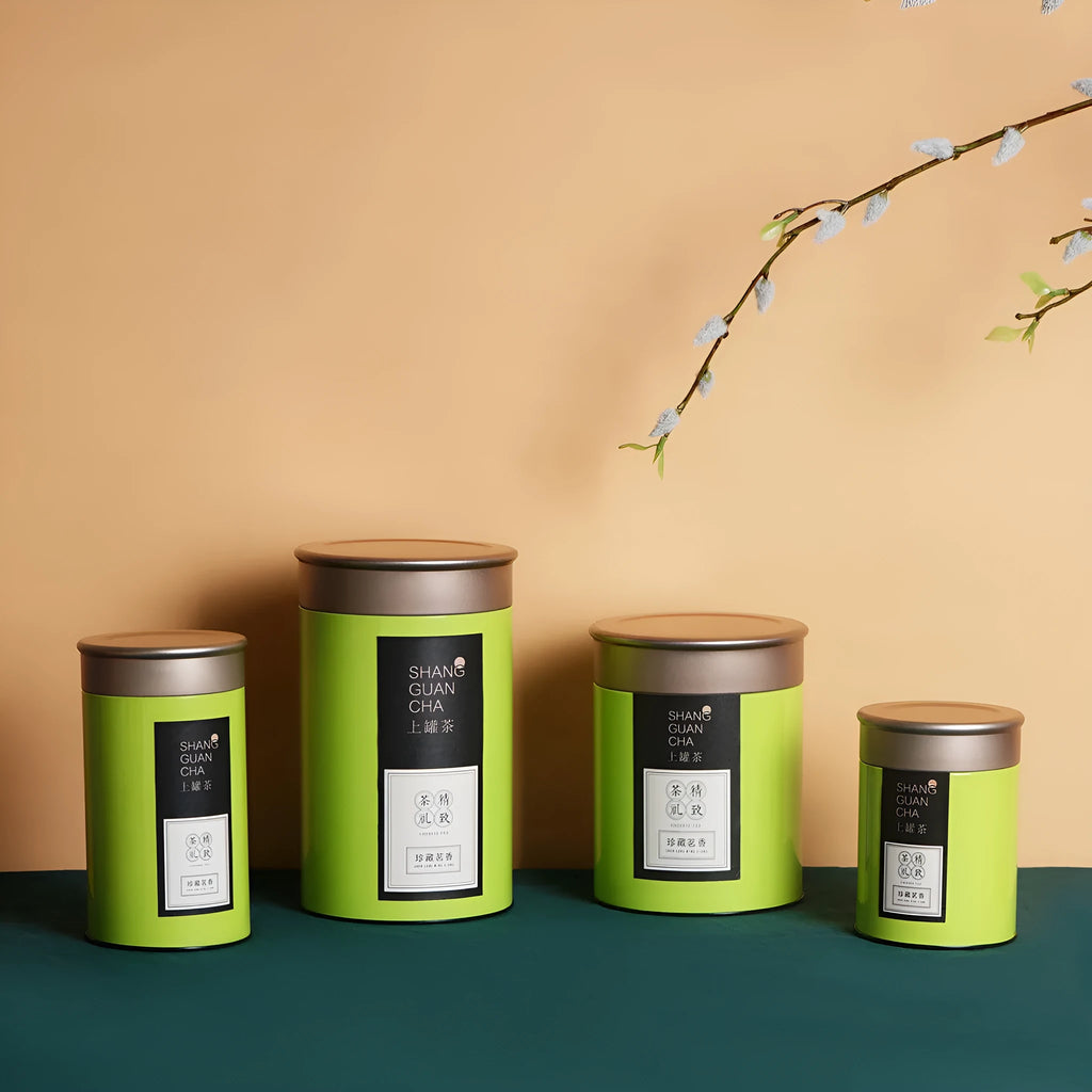 Metal tea packaging box tin can in green colour with sealed lid showing dimensions