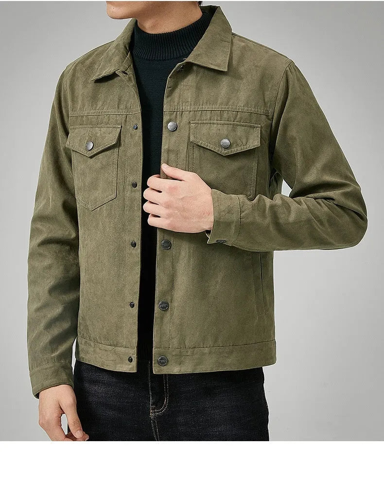 Men's brushed suede slim fit jacket in khaki, with topstitching slit pockets
