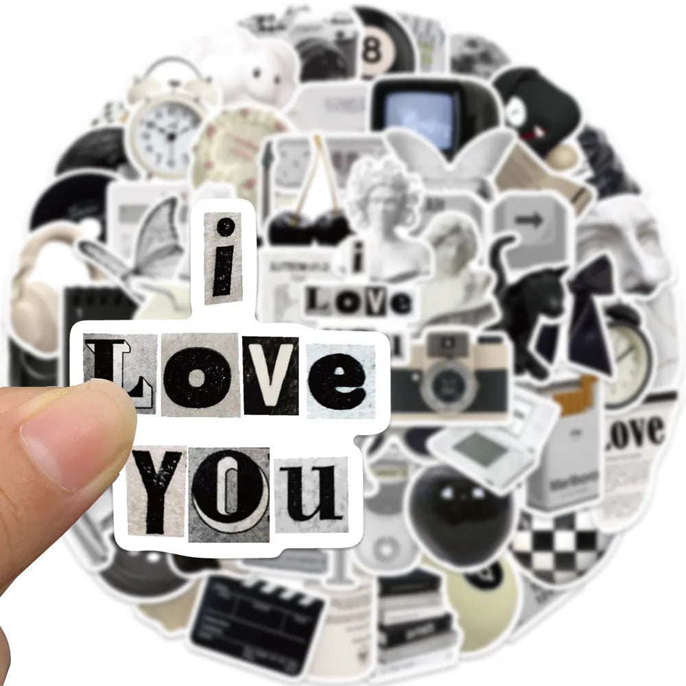 61 black and white waterproof PVC stickers for laptop and phone decoration.