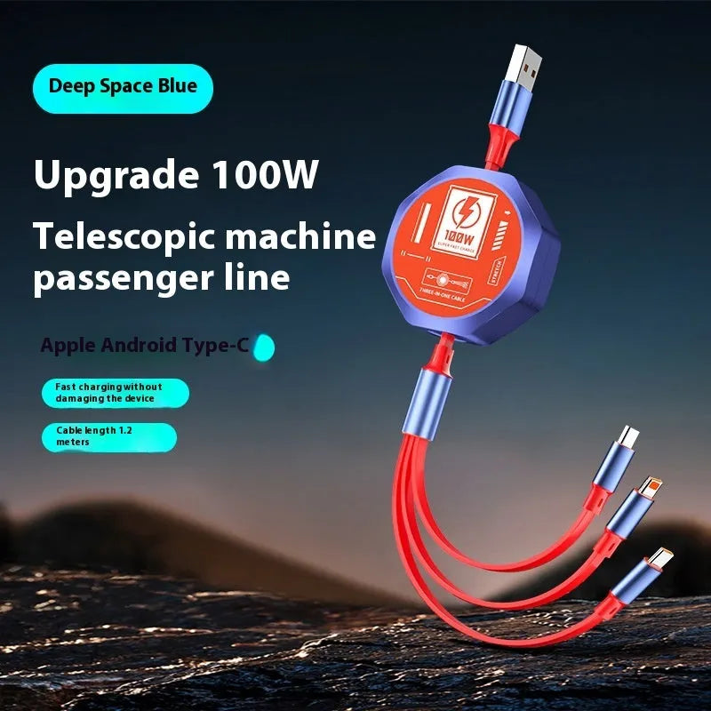 Telescopic three-in-one fast charge data cable with Type-C, Apple, and Android heads, 1.2m TPE wire, black colour