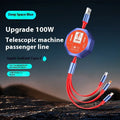 Telescopic three-in-one fast charge data cable with Type-C, Apple, and Android heads, 1.2m TPE wire, black colour