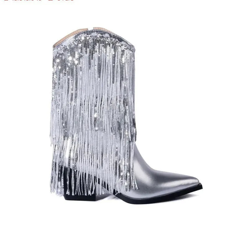 Women's black chunky heel tassel boots with a pointed toe and high stiletto heel on a white background.