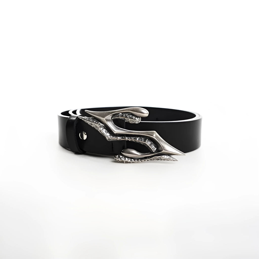 Black men's leather belt with metal letter detail, showing buckle and 110cm length.