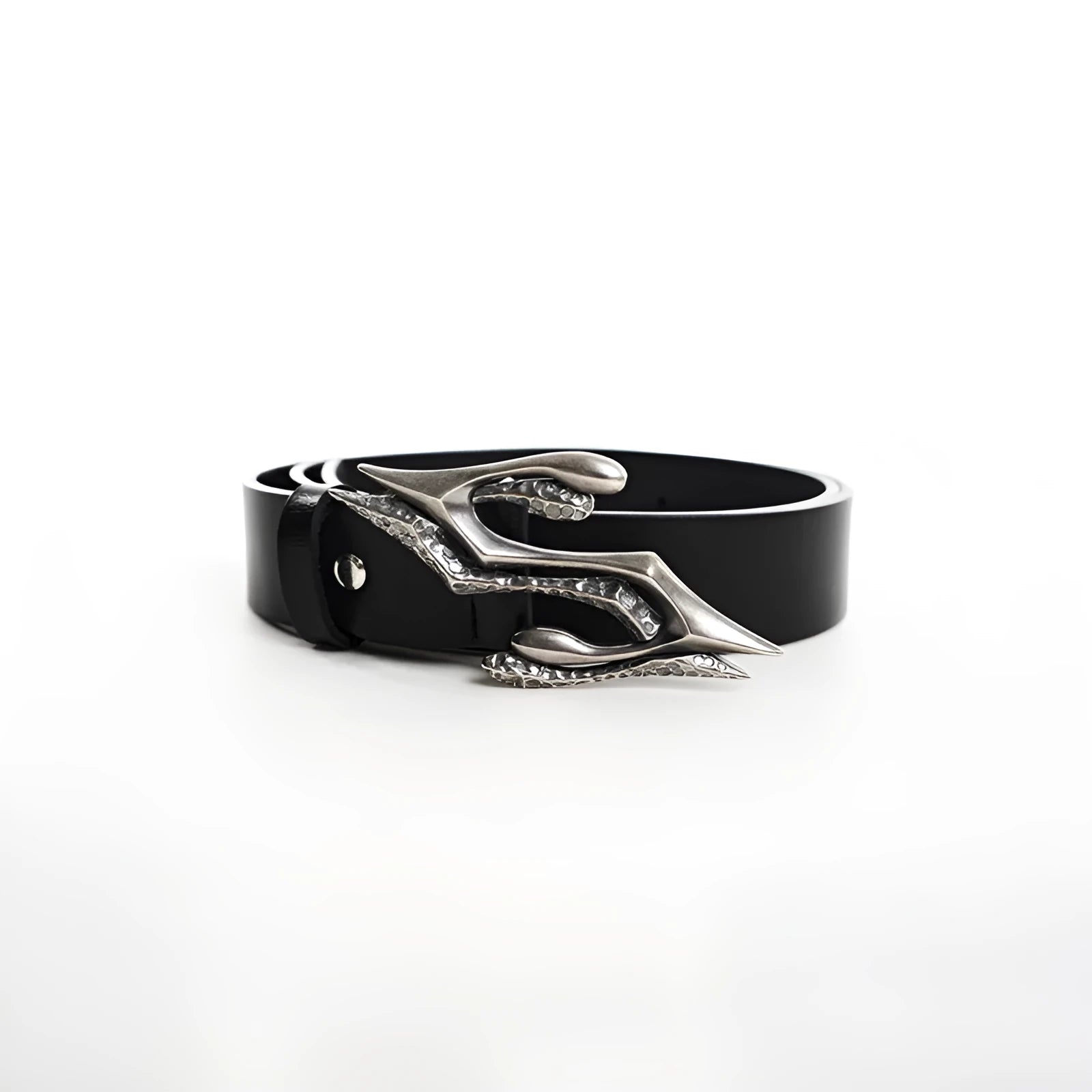 Black men's leather belt with metal letter detail, showing buckle and 110cm length.