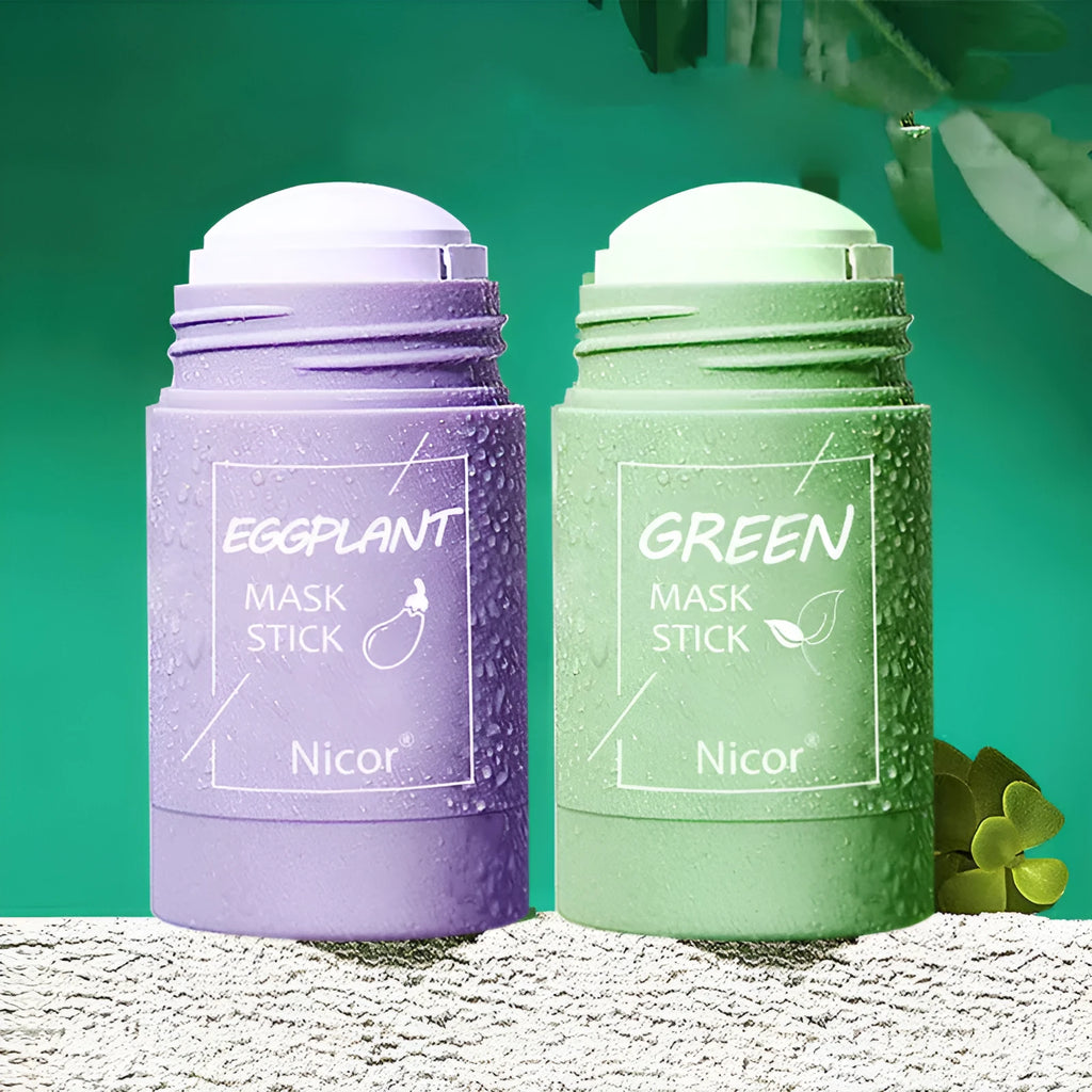 Green Tea and Eggplant solid clay cleansing mask stick in packaging, 40g.