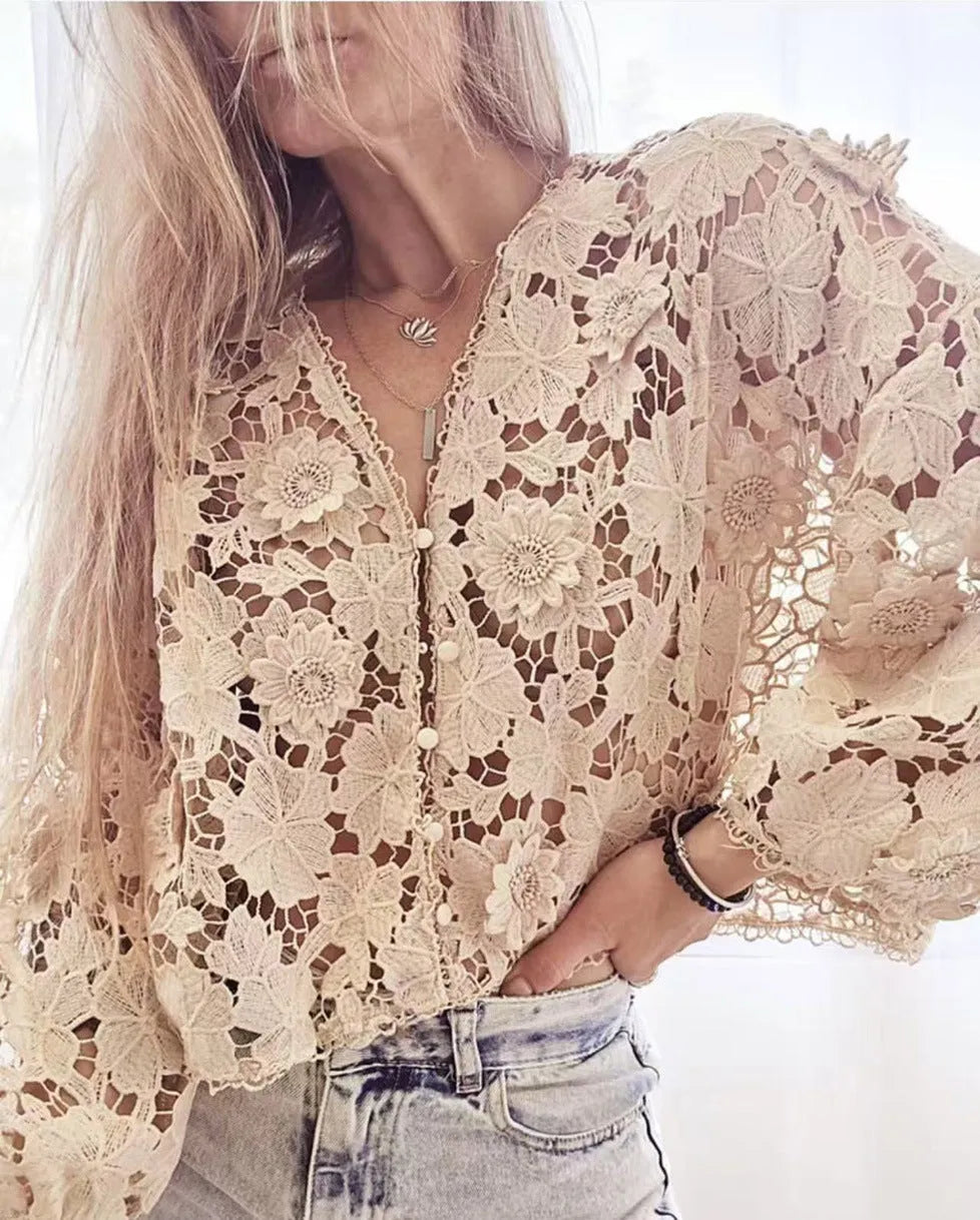 White lace V-neck cardigan with three-dimensional floral decoration and long sleeves