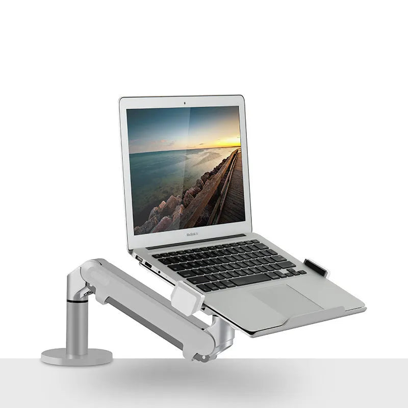 Aluminium alloy computer stand with adjustable arm bracket in silver colour supporting a laptop