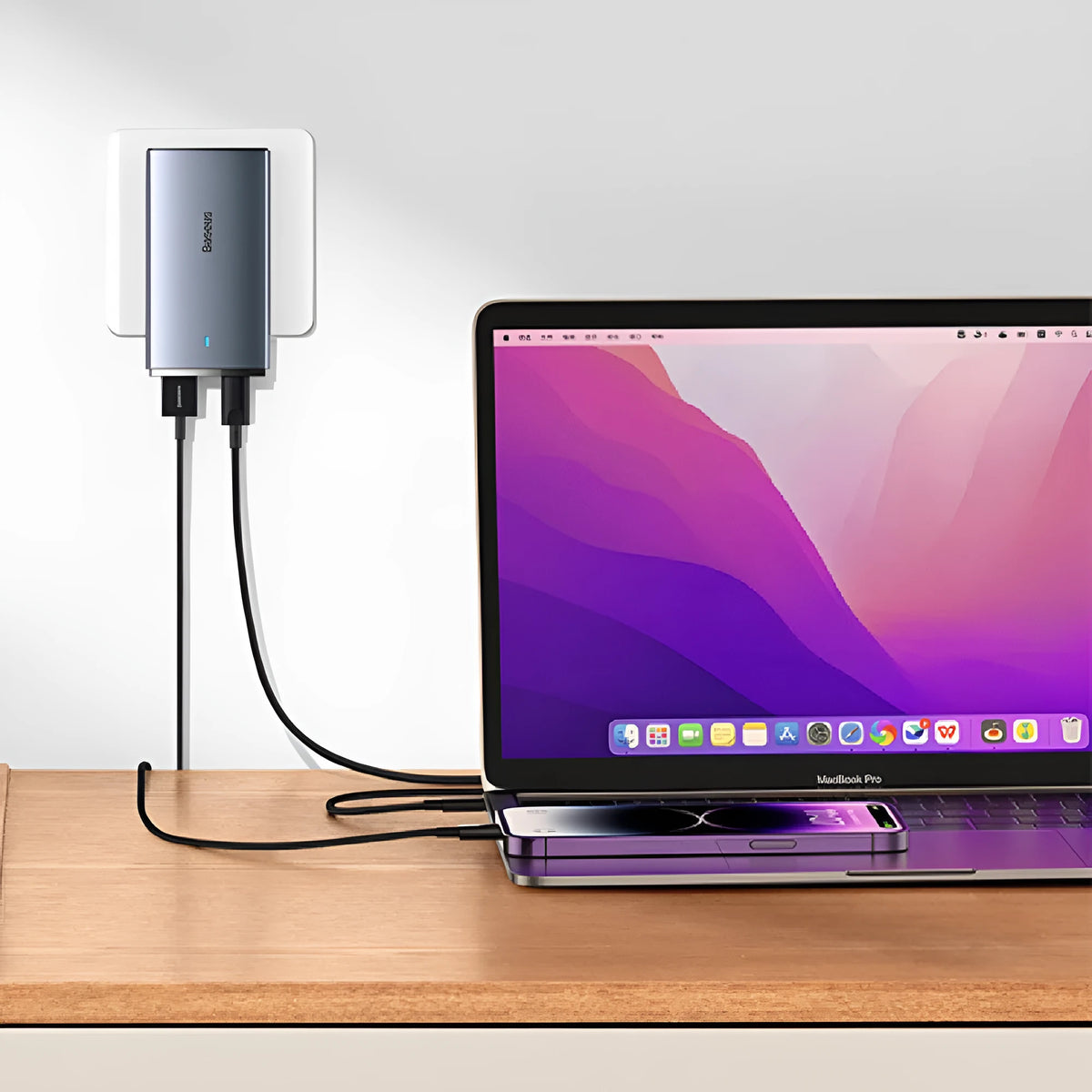 Moon shadow grey 65W GaN fast charger with Type-C cable on a desk