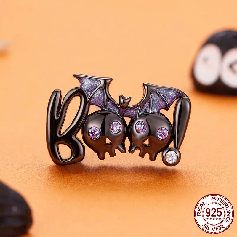 925 sterling silver dark bat bead charm with pumpkin skull, 0.9x1.4 cm, 0.45 cm aperture