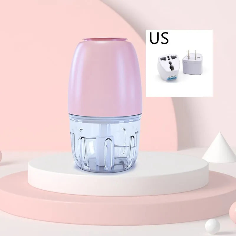 Household electric ice crusher in cherry blossom powder colour on countertop, 200W, 105x105x205mm