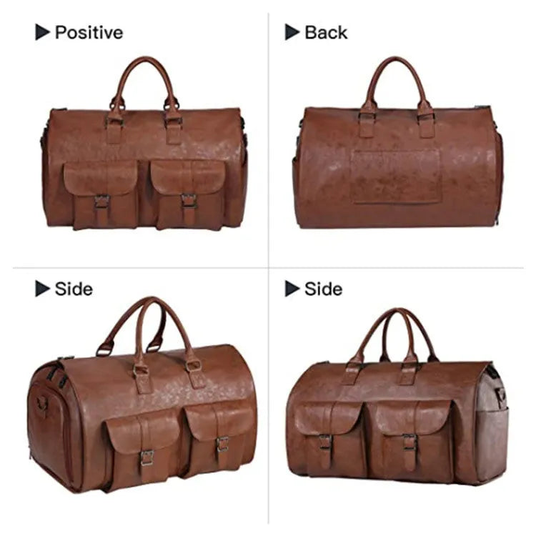 Convertible travel carry-on bag in waterproof PU leather, 36-55L capacity, shown in black with retro styling