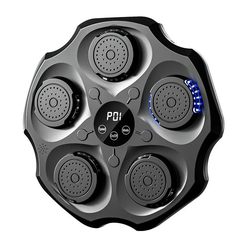Black Bluetooth music boxing wall target hanging on a wall with paired adult boxing gloves.