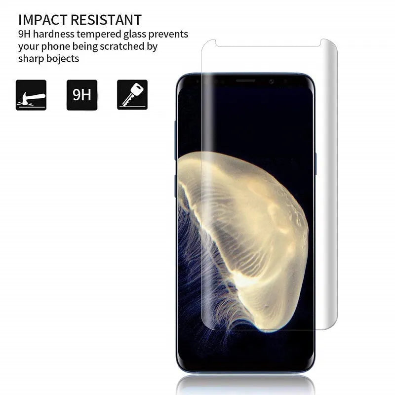 Tempered glass screen protector for Samsung Galaxy smartphones with anti-fingerprint coating.